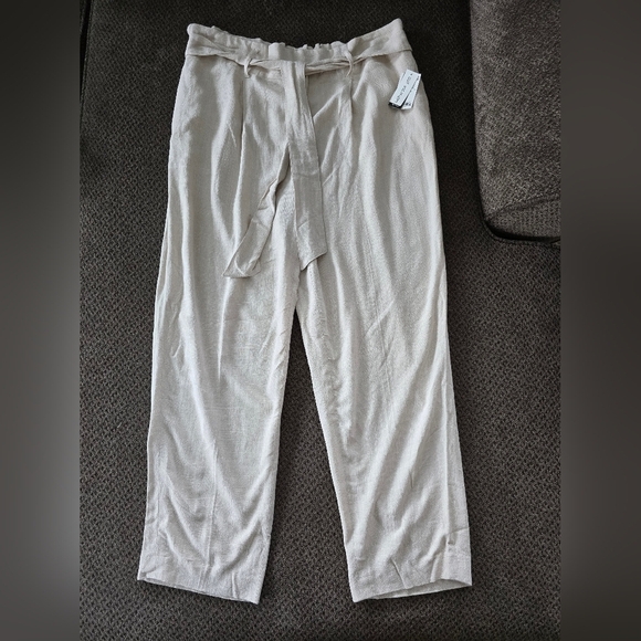 Bar III Pants Women Sz L Nude High Rise Linen Blend Belted Ankle Neutral… - Picture 2 of 11